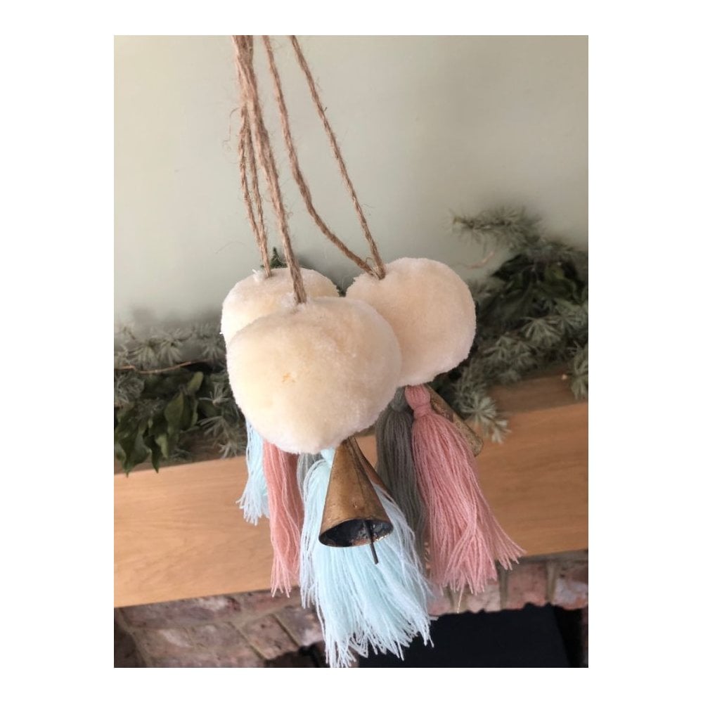 Cream Pom Pom with Pink & Grey Tassels